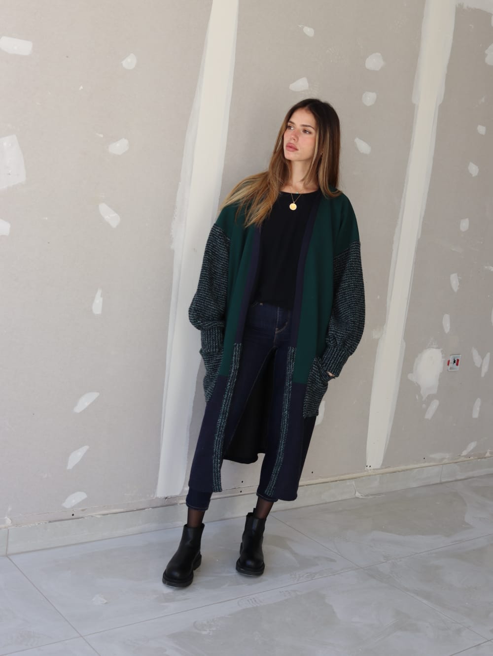 Winter kimono jacket in forest green and navy with flecked knit sleeves